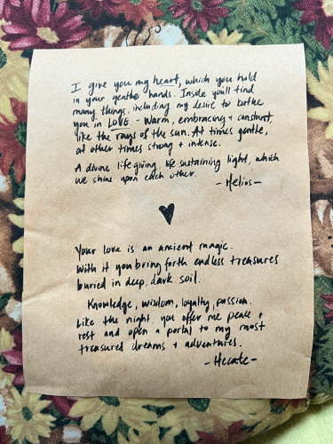 The handwritten poem of Helios and Hecate, a magical spell that heralds the rings of our partnership and love.