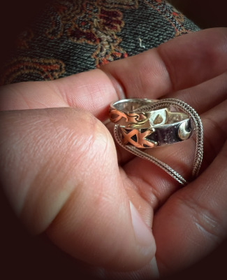 Two magical rings, one dark gray and gold representing Hecate the other, white and yellow gold, representing Helios.